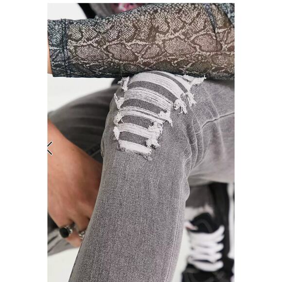 ADPT Mens Grey Denim Spray On Skinny Fit Jeans Distressed Heavy Rips Size 34x32 - Picture 2 of 10